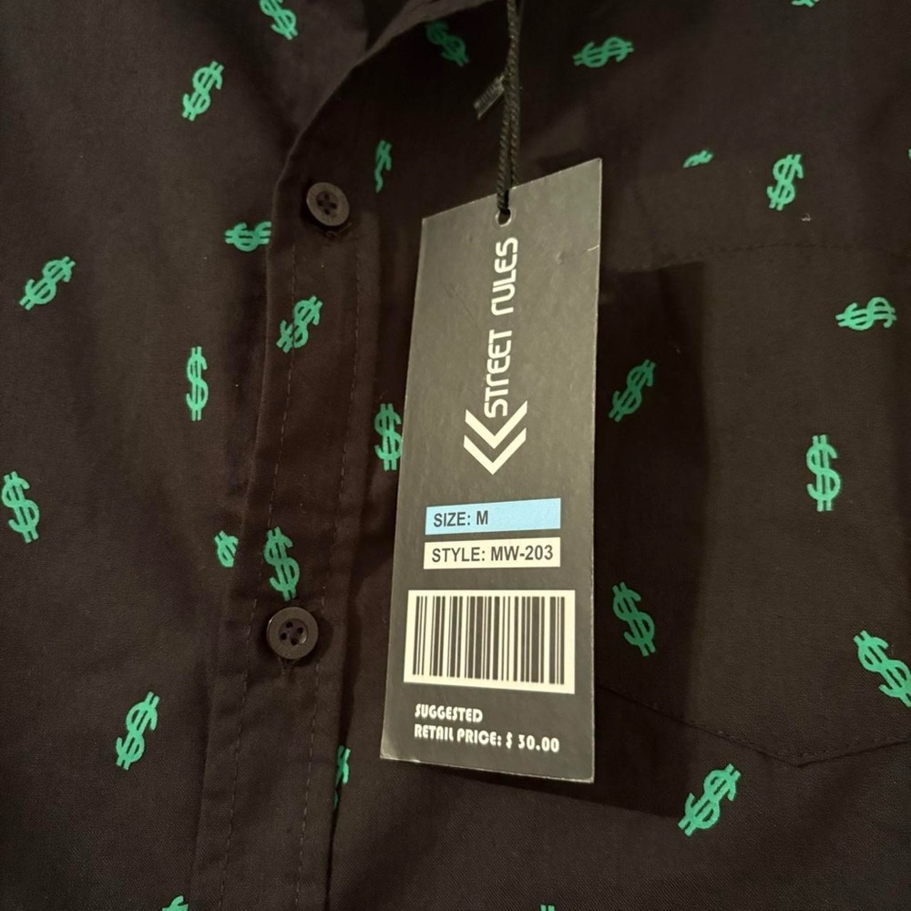 NWT Mens Black and Green Dollar Sign Shirt - Picture 4 of 4